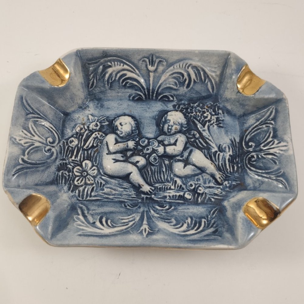 Vintage Capodimonte Blue and White Ashtray Italy